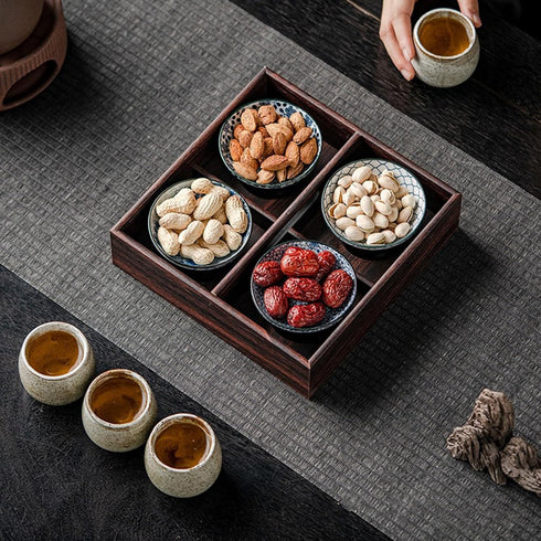 5-Piece Set, Rustic Wooden Serving Tray Handcrafted Nesting Trays with Handles for Ottoman & Coffee Table Decor