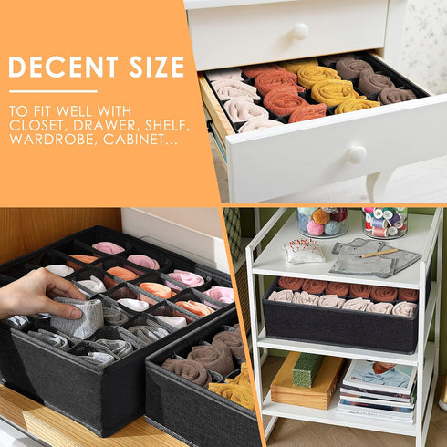 Criusia 3 Pack Closet Organizer Dividers, 64 Cell Fabric Foldable Storage Boxes for Socks, Underwear, Ties, Black