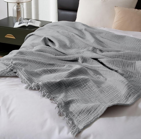 KyraHome 100% Organic 90"x104" King Cotton Blanket, Plant Dyed, Lightweight Gauze Muslin for Summer, Light Grey