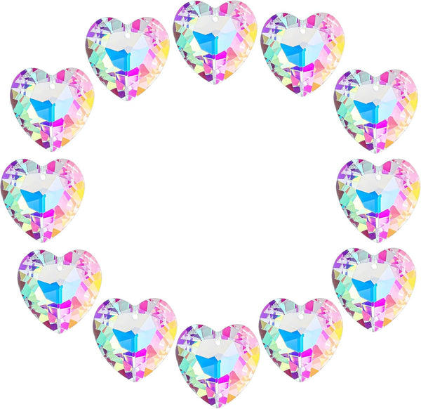 12pcs Colorful Crystal Heart Prism Suncatcher, Heart Prism Chandelier Drop Parts Window