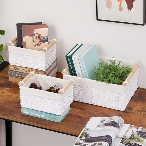 Vagusicc Wicker Storage Basket, Set of 3 Hand-woven Baskets for Organizing, Large Cube Storage Bins with Handles, White
