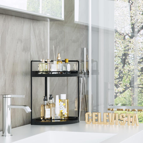 Counter 2 (Black-2 Corner Bathroom Organizer, Tier Wood Vanity Storage, Waterproof Skincare Shelf for Kitchen