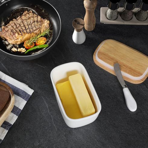 Countertop, 4X 4oz GDCZ Ceramics Butter Dish with Wooden Lid- Large Covered Butter Holder for Butter Keeper Container