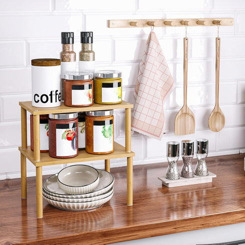 Cabinet Organizer Shelf, Set of 2 Kitchen Counter Shelves, Bamboo Spice Rack, Stackable Expandable Kitchen Storage Shelf