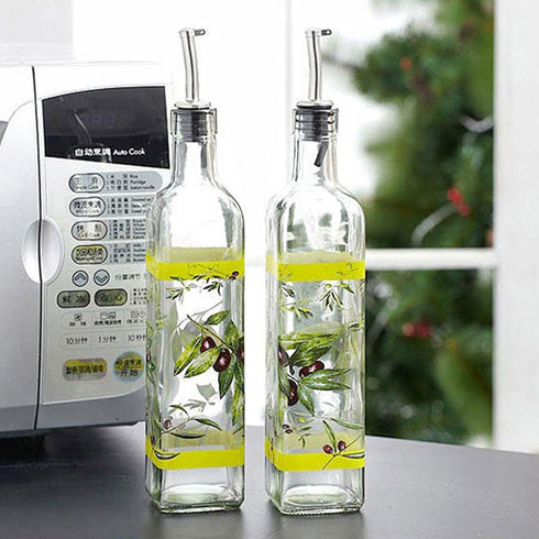CEDAR HOME Olive Oil Bottle Set - Glass Dispenser Vinegar Cruet 17oz with Stainless Steel Pourer Spout, Green