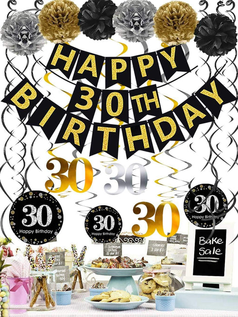 Black & Gold Glittery Happy 30th Birthday Banner, Poms, Sparkling 30 Hanging Swirls Kit