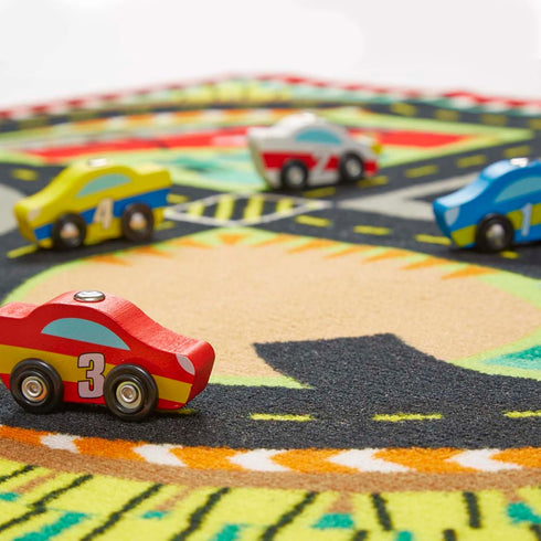 Race Track Play Rug with Wooden Cars for Kids