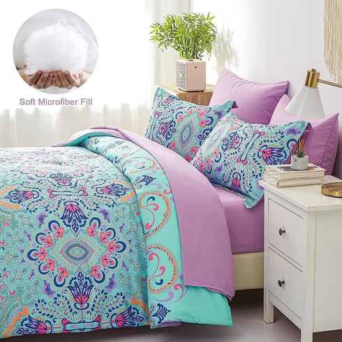 Set, 5 Set DHSFKBE Twin Comforter Piece Bed in a Bag, Boho Aqua and Lilac Damask Medallion Print Comforter with Sheets