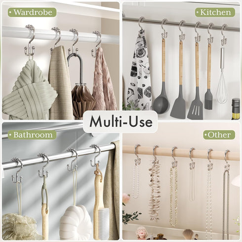 Amazer Shower Curtain Hooks, Plastic Double Shower Curtain Rings for Bathroom Shower Curtain Rod - Set of 12, Nickel