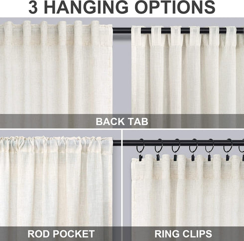 96 Inches 2 Set 8 42x96 Back Tab Cream Linen Curtains Long Panels for Living Room Patio Sliding Door Pocket Ivory Sheer