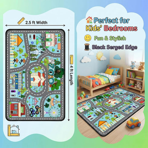 2.5x4 Car Rug Play Mat - Road Rug for Kids Boys Room, Fun Race Track Traffic Road Carpet for Boys Playmat Educational