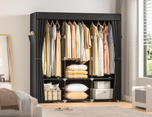 Portable Wardrobe Closet for Hanging Clothes, Free Standing Rack with Cover, 3 Hanging Rods, 6 Storage Shelves, 2 Side