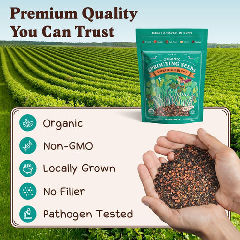 8 oz 8 32 Seedboy Organic Non-GMO Sprouting Seeds, Superfood Blend - USA Grown Microgreens Mix with Broccoli, Radish
