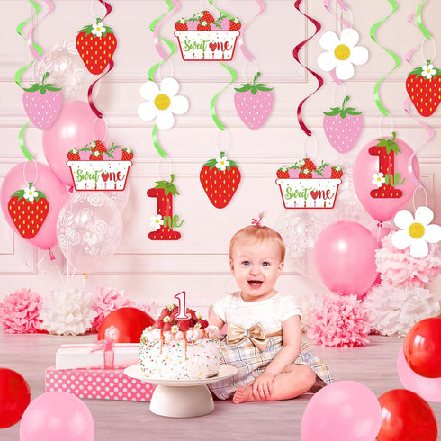 Strawberry 1st Birthday Party Hanging Swirls Decor, Streamers for Berry Sweet Themed First Birthday Supplies