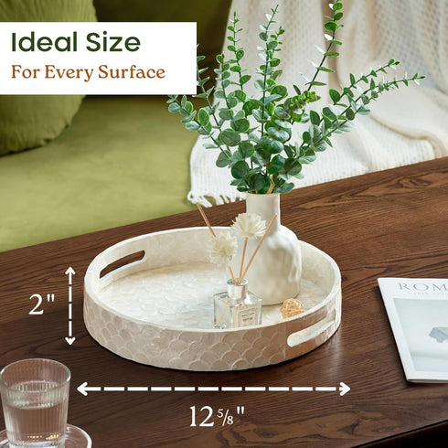 12.6 Inch Counter, CHI AN HOME Capiz Round Decorative Tray, Decorative Serving Tray with Handles for Coffee Table
