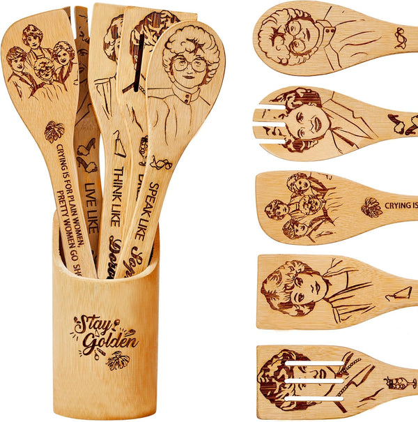 Golden Girls Wooden Spoons for Cooking, 7pcs Bamboo Utensils Gifts for Fans, TV Show Merchandise for Women