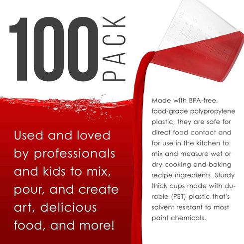 Pouring Masters 3 Oz (90 ml) (100 Pack) 25 Liquid Measuring Cups - Plastic Graduated Cup with Sticks - Reusable Mixing