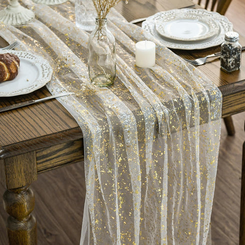 Artoid Mode Beige Gold Gauze Table Runner 120 Inch 10FT, Glitter Metallic
