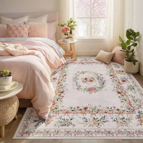 5x7 Joydeco Floral Bow Pink Rug for Bedroom, Washable Area Rug for Girls Nursery Playroom, Ultra-Thin Non Slip Soft