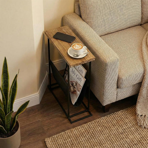 21-Inch MyGift Modern Narrow Living Room End Table with Solid Burnt Wood Tabletop and Black Metal Frame, Bedroom
