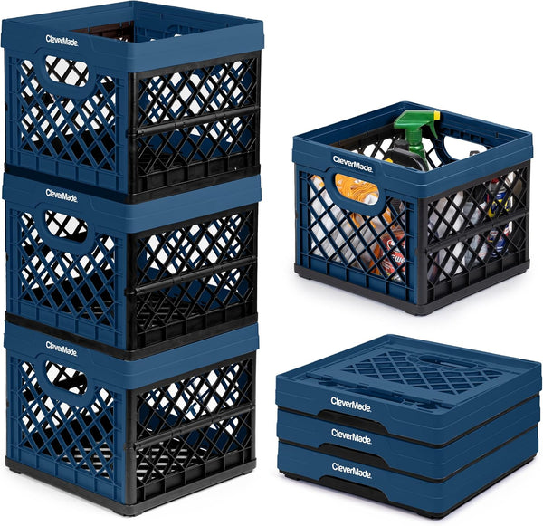 CleverMade Collapsible Milk Crate 25L (6.6 Gal) 3 Pack, 50 lb Capacity