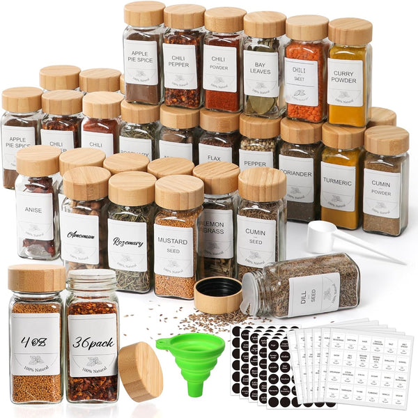 Homerove 36 Pack 4 oz Glass Spice Jars with Bamboo Lids, Empty Square