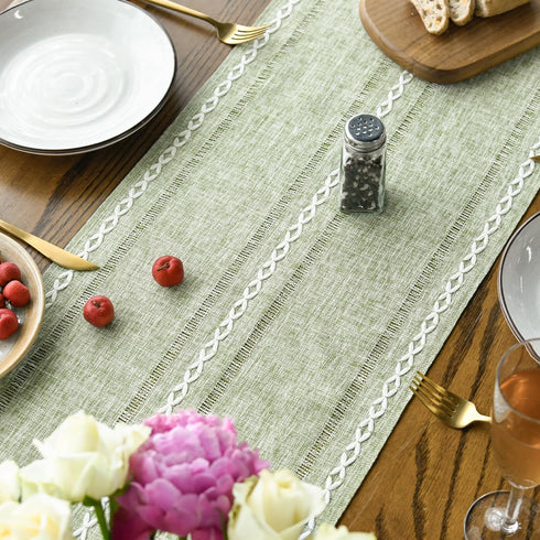 13x72 Inch Artoid Mode Sage Green Rustic Cotton Linen Table Runner, Seasonal Embroidered Hollow Kitchen Dining Table