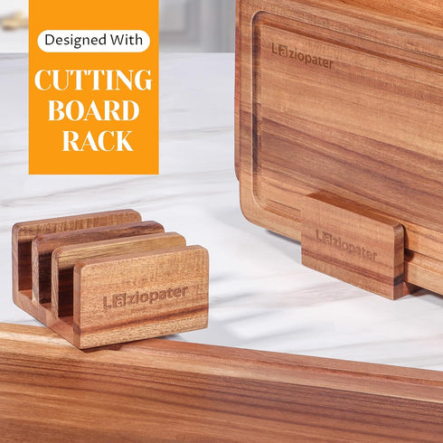 LAZIOPATER Set 3, Set Acacia Wood Cutting Board of Solid Wood Cutting Board with Holder, Deep Juice Grooves & Built
