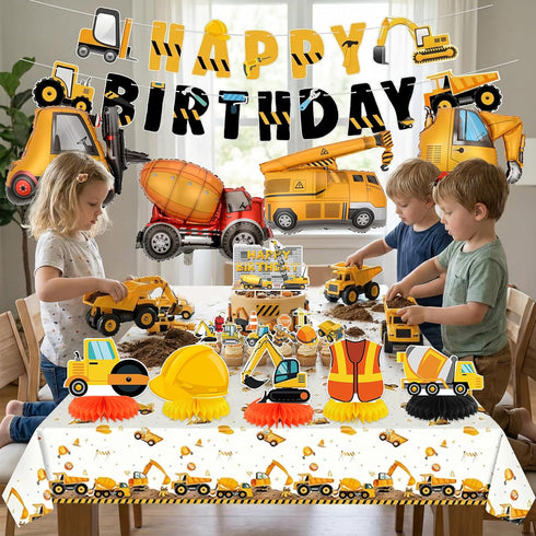 Set 4 Construction Birthday Party Supplies for Boy Birthday Decorations with Foil Truck Balloons Happy Birthday Banner