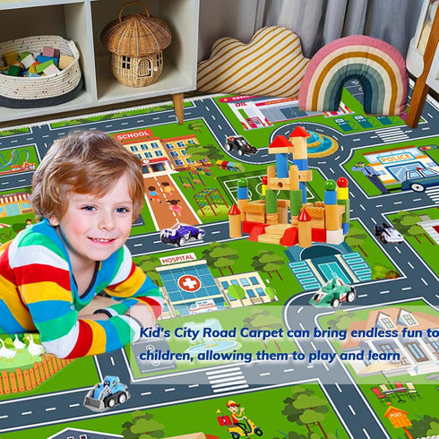 31''x47'' Kids Road Car Rug, Playroom Rugs City Road Race Track Rugs for Playing Cars Toys, Kids Car Rug Play Mat Road