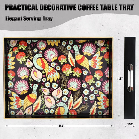 Counter Spsyrine Decorative Serving Tray with Handles, Black Lacquered Coffee Table Tray for Ottoman, Rectangle