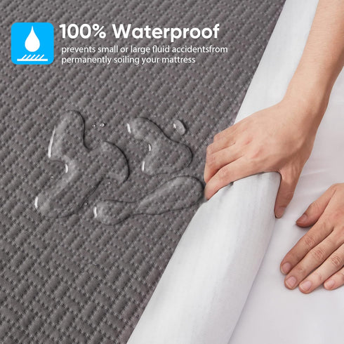 Hanherry 100% Waterproof Mattress Protector Twin Size - Grey Cooling Mattress Pad Cover with Deep Pocket (8''-21'')