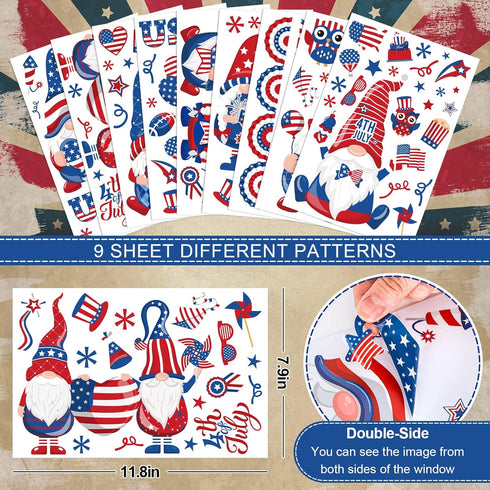 138Pcs Patriotic Window Clings 4th of July Gnome American Flag Firework Window Decals Red Blue Star Stripe Double-Sided Prints PVC Stickers for Independence Day Party Glass Mirror Decor