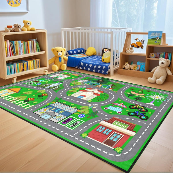 Car Rug Play Mat 5x7 Feet - Green Road Rug for Kids