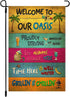 Welcome To Our Oasis Garden Flag, 12.5x18" Summer Party Decorations for Outdoor Beach Bar, Patio, Poolside