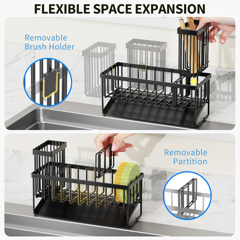 Cisily Sink Caddy Sponge Holder for Kitchen with Brush Holder and Stainless Steel Self Drain Tray, Rustproof Kitchen