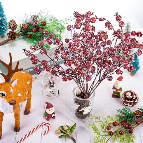 12 Pack 11.8inch Whaline Christmas Artificial Berry Picks Xmas Winter Frosted Red Berry Stems Fake Snowy Red Berry
