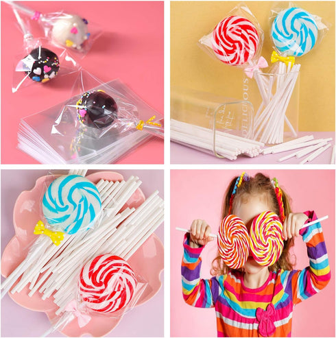 Big Size Lollipop Cake Pop Treat Bag Set, 100pcs Parcel Bags, 100pcs Papery Treat Sticks, 100pcs Metallic Twist Ties