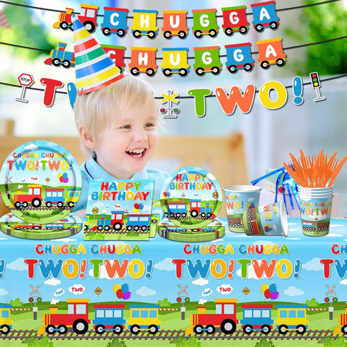 Gupesxu Decorations,142Pcs 2nd Shower,2nd Chugga Chugga Two Two Party Train Birthday Tableware Plates,Napkins,Cups