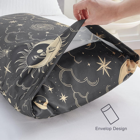 EXQ Home Satin Pillowcase Set of 2 for Hair and Skin - Black Printed Silk Pillowcase 20x26 inches with Envelope Closure