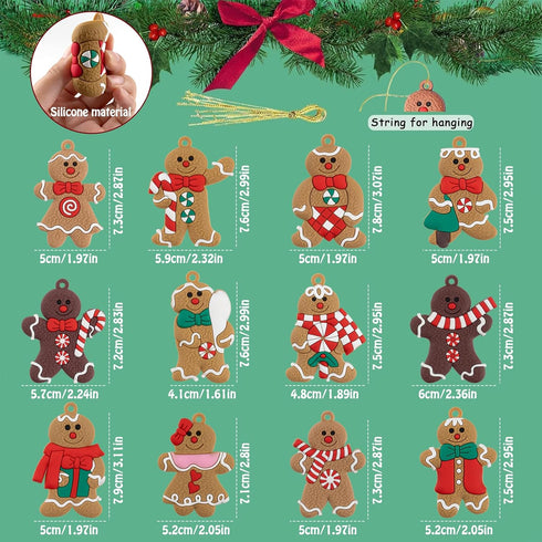 12pcs Gingerbread Man Ornaments for Christmas Tree - Assorted Hanging Decorations, 3 Inch Tall