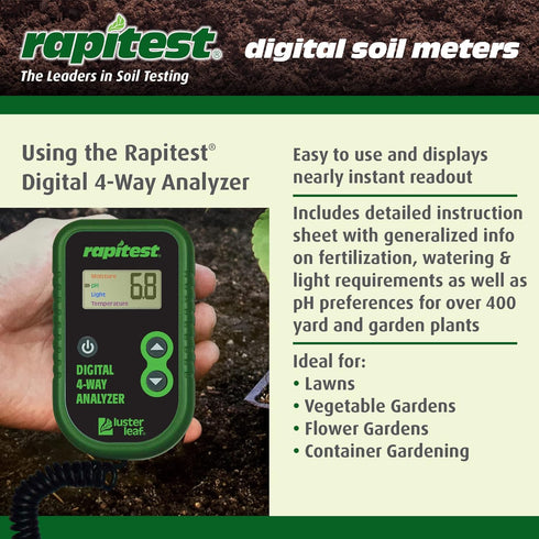 4-Way Luster Leaf Rapitest Digital Soil Analyzer for pH, Moisture, Temperature, and Light Designed and Engineered