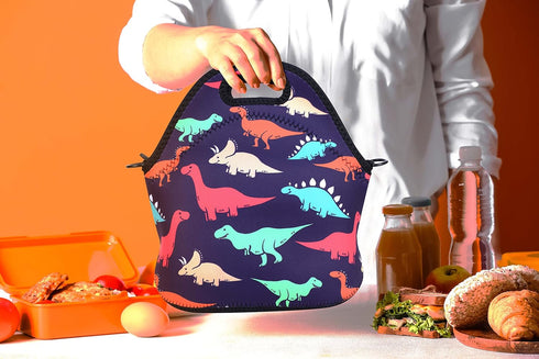 Violet Mist Neoprene Lunch Bag | Reusable Insulated Box with Adjustable Shoulder Strap for Men and Women, Dinosaur 2