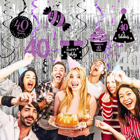 40th Birthday Decorations for Women, Purple Black Silver Foil Hanging Swirls for 40th Birthday Party