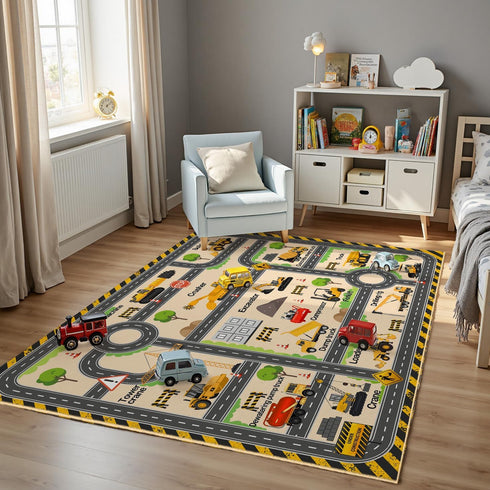 Construction Site Play Rug for Kids - Interactive Engineering Vehicles Faux Wool Carpet with Excavator & Digger Design