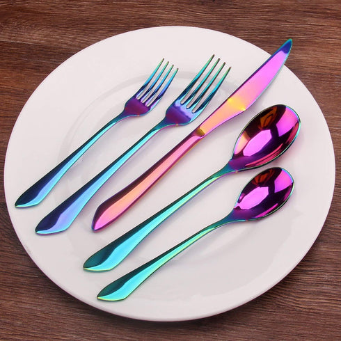 Rainbow Silverware Set - 20-Piece Stainless Steel Flatware Set with Round Edge, Service for 4, Dishwasher Safe