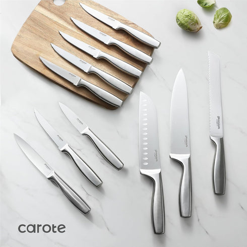 12-Piece Set, Set, CAROTE Knife All-Stainless Steel Knife Block Kitchen Knives with Wooden Block, Razor-Sharp