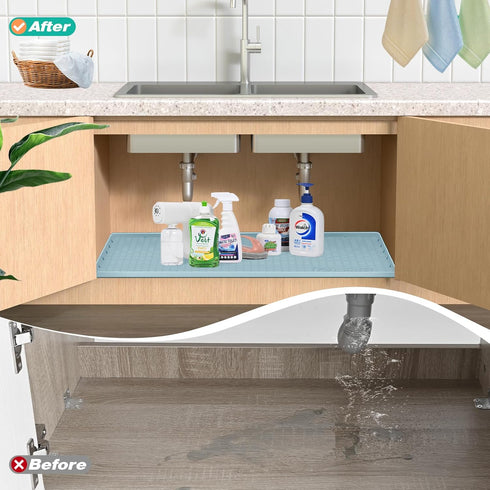 Under Sink Mat, 28" x 22" Silicone Mats for Kitchen, Waterproof Cabinet Organizers and Storage, Light Blue