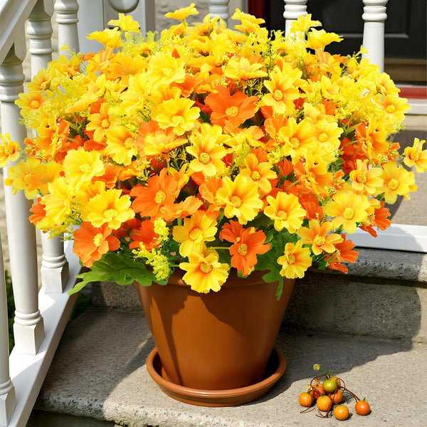 Uieke Artificial Fake Flowers, 6 Bundles Daisy Mums, UV Resistant Greenery Shrubs for Indoor Outdoor Home Decor (Orange