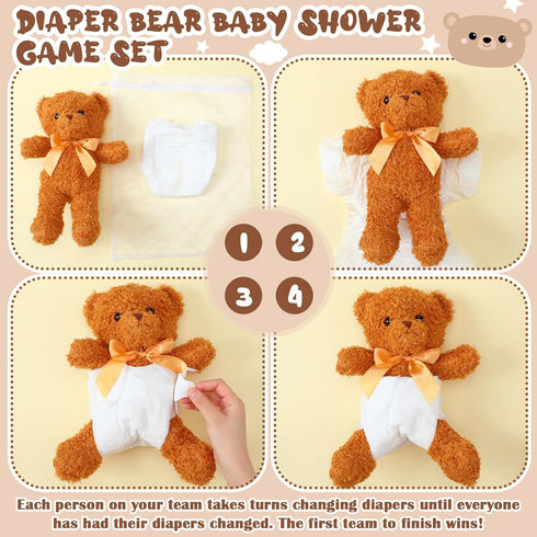 Seenelling 4 Sets Bear Blindfolded Diaper Changing Coed Baby Shower Games Kit Baby Dolls Bears Diapers for Bridal